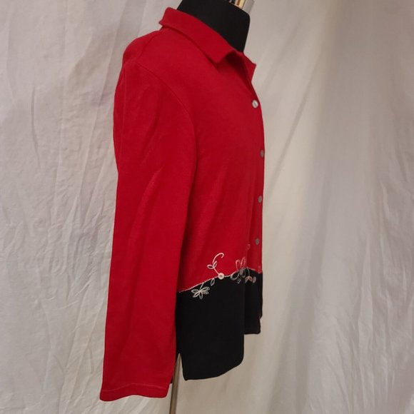 Teddi Womens Large Red Black Floral Long Sleeve Button Up Cardigan Sweater USA - Picture 7 of 13